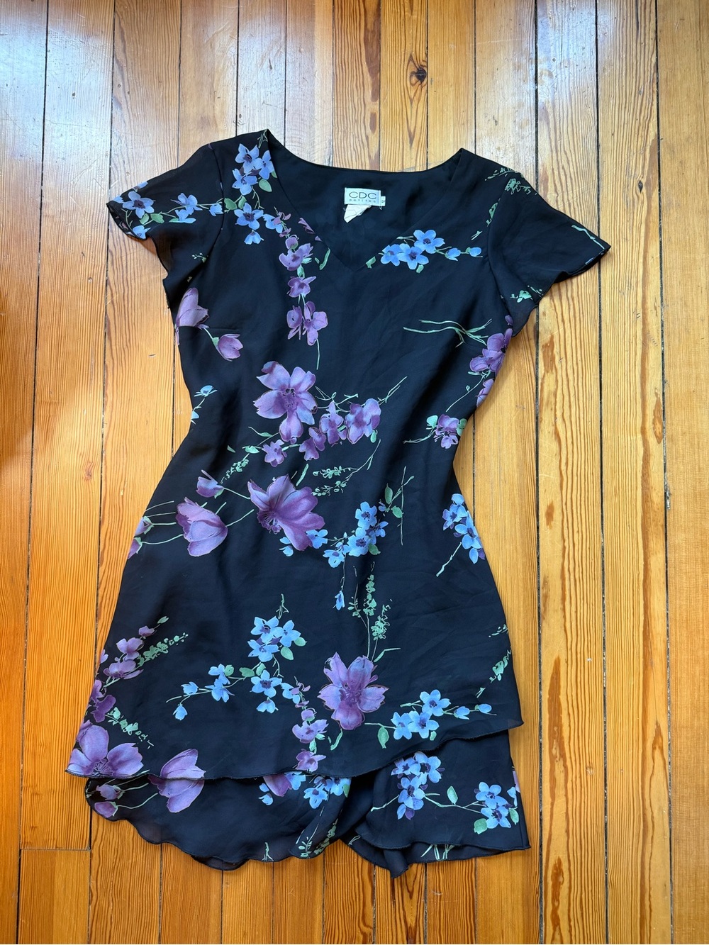 Y2K Black Floral V-Neck Short Dress with Purple & Blue Flowers